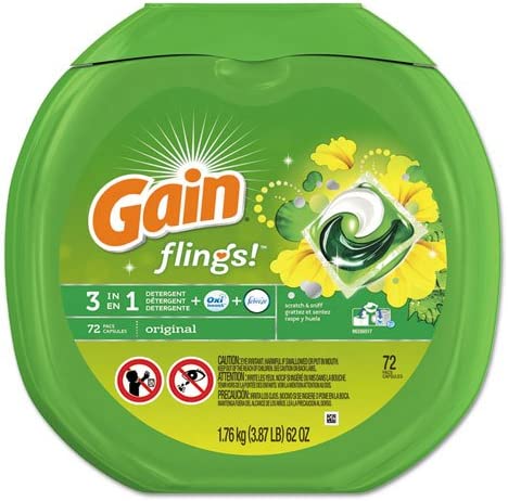 Gain 86792Ct Flings Detergent Pods, Original, 0.06 Pac, 72/Container, 4 Container/Carton