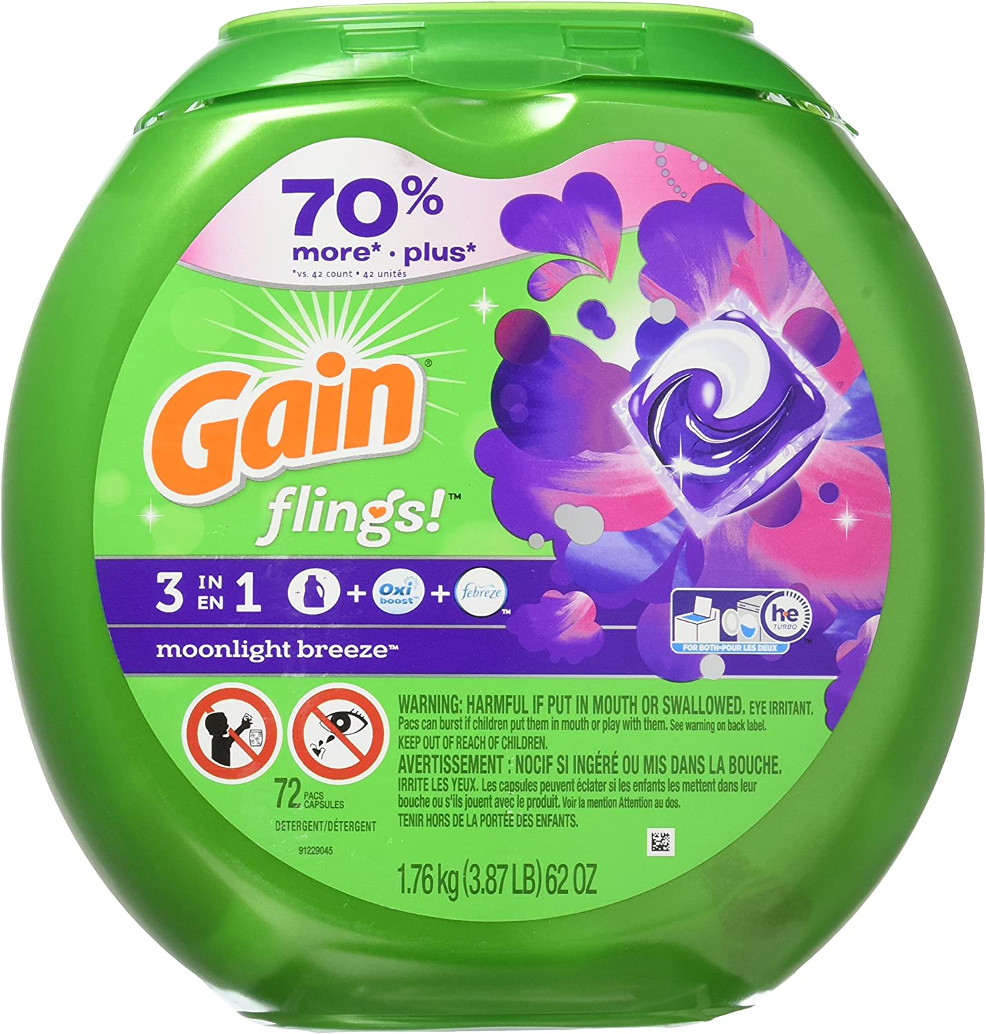 Gain flings! Moonlight Breeze Detergent Pacs, 72 ct, 62 oz